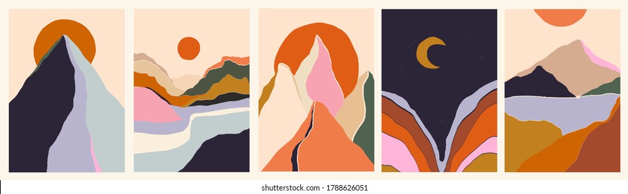 Trendy minimalist abstract landscape illustrations. Set of hand drawn contemporary artistic posters. 