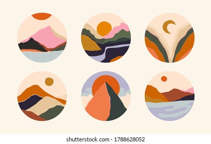 Trendy minimalist abstract landscape illustrations. Set of hand drawn contemporary artistic round icons. 