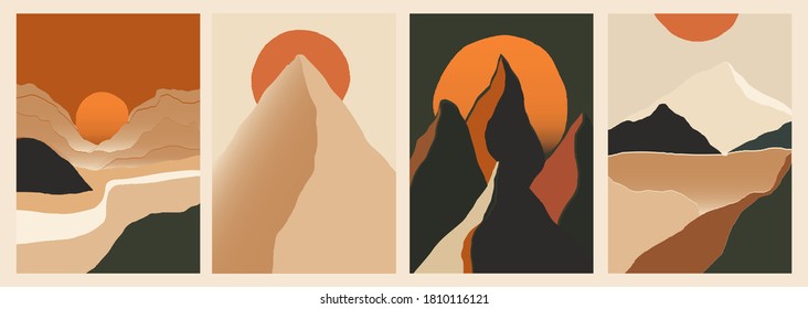 Trendy minimalist abstract landscape illustrations. Set of hand drawn contemporary artistic posters. 