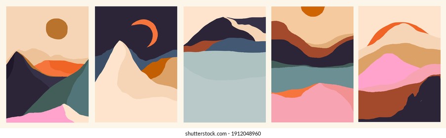 Trendy minimalist abstract landscape illustrations. Set of hand drawn contemporary artistic posters. 