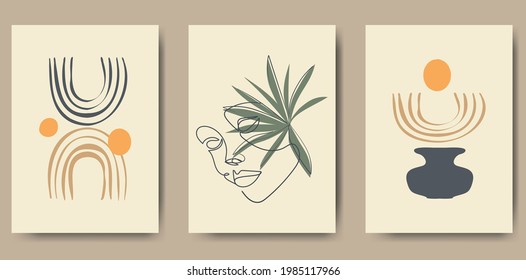 Trendy minimalist abstract landscape illustrations. Set of hand drawn contemporary artistic posters