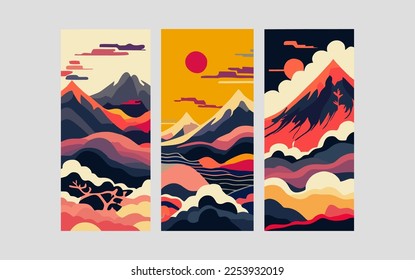 Trendy minimalist abstract landscape illustrations Set of hand drawn modern art posters.