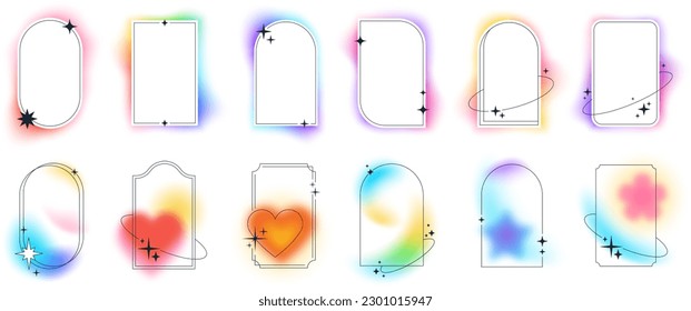 Trendy minimalist aesthetic linear arc frames with blur gradient elements and sparkles. Geometric forms Illuminated with abstract soft pastel gradients, white glowing arch frame with stars vector set