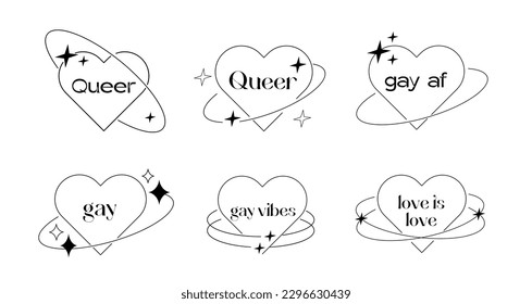 Trendy minimalist aesthetic linear heart and thin line abstract shapes. Y2K pride month 90s outline design. Set of retro graphics with typography. LGBTQ queer logo. Vector illustration.