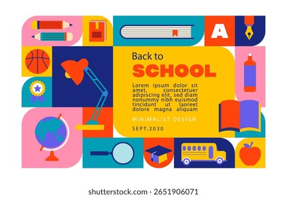trendy minimalist back to school background with flat education elements. vector print
