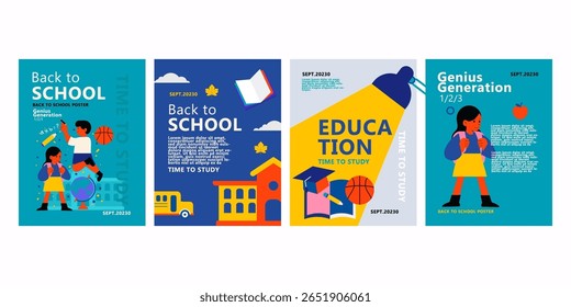 trendy minimalist Back to School horizontal poster collection, vertical banner and flyer template with colorful and education elements. vector print