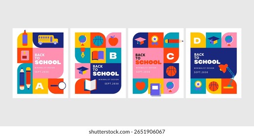 trendy minimalist back to school poster collection with flat education elements. vector print