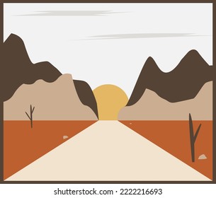 Un moderno paisaje de estilo boho minimalista. Atardecer en afiche vectorial del desierto. Arte mural