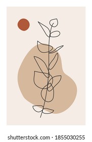 Trendy minimalist botanical vector illustration with branch and leaves, ideal for art gallery, modern wall art poster, minimal interior design