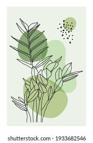 Trendy minimalist botanical vector illustration as abstract line art composition with leaves, ideal for art gallery, modern wall art poster, minimal interior design