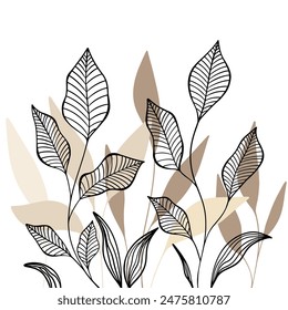 Trendy minimalist botanical vector illustration as abstract line art composition with beige leaves