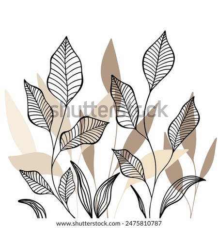 Trendy minimalist botanical vector illustration as abstract line art composition with beige leaves