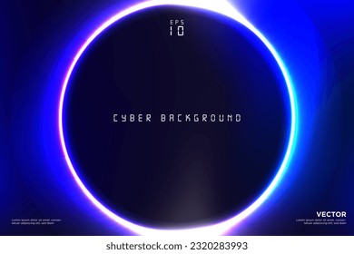 Trendy minimalist cybernetic glowing ring background template. Blue neon lights with bright circle frame of light. Vector Illustration. EPS 10.