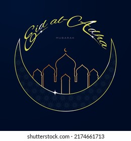 Trendy and minimalist Eid al Adha Greeting Card. Outline art of mosque and crescent moon on dark background. Golden cursive typography. Vector Illustration. Editable EPS 10.