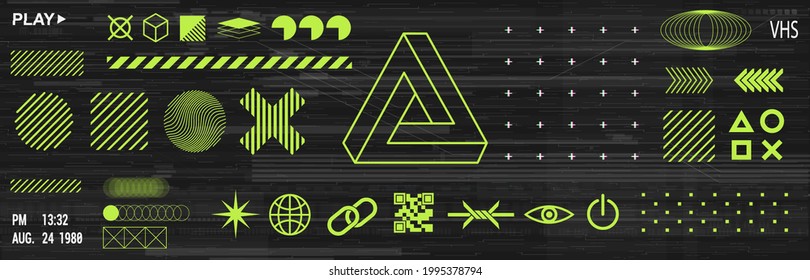 Trendy minimalist elements set with icons and digital shapes for apparel, t-shirt, merch, posters, covers, flyers. Universal elements in vaporwave and memphis style. Retrofuturism shapes. Vector