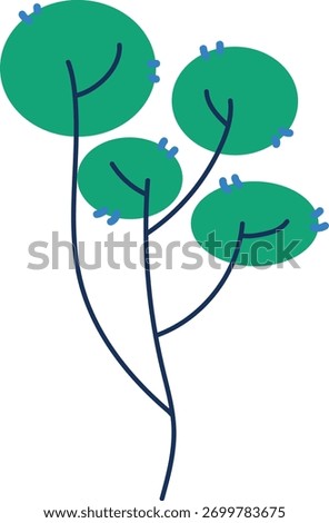  Trendy minimalist flat design abstract botanical illustration dark green circular leaves navy stems blue accents isolated vector art