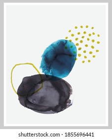 Trendy minimalist hand painted illustration with ink splashes and gold elements for wall decoration, postcard, brochure, social media design. Vector EPS10.