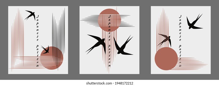 Trendy minimalist Japanese style illustration set. Two swallows fly into bright sun, unity of water, air, nature. Vector illustration, birds hieroglyphs