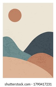 Trendy minimalist landscape abstract contemporary collage, mountains lake sunset wall art poster design