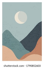 Trendy Minimalist Landscape Abstract Contemporary Collage, Mountains Lake Moon Wall Art Poster Design