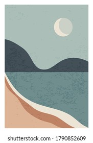 Trendy minimalist landscape abstract contemporary collage, mountains lake moon wall art poster design