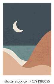 Trendy minimalist landscape abstract contemporary collage, mountains lake moon wall art poster design
