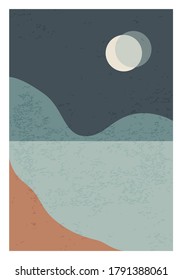 Trendy Minimalist Landscape Abstract Contemporary Collage, Mountains Lake Moon Wall Art Poster Design