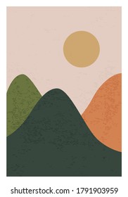 Trendy minimalist landscape abstract contemporary collage, mountains lake sunset wall art poster design