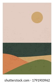 Trendy minimalist landscape abstract contemporary collage, mountains lake sunset wall art poster design