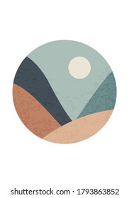 Trendy minimalist landscape abstract contemporary collage, mountains lake moon wall art poster design