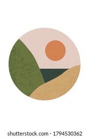 Trendy minimalist landscape abstract contemporary collage, mountains lake sunset wall art poster design