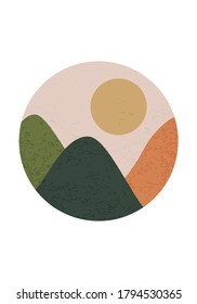 Trendy minimalist landscape abstract contemporary collage, mountains lake sunset wall art poster design