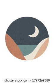 Trendy minimalist landscape abstract contemporary collage, mountains lake moon wall art poster design