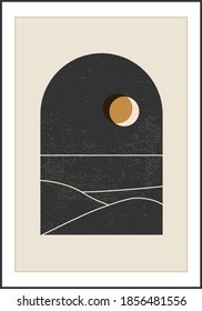 Trendy minimalist landscape abstract contemporary collage, mountains lake sunset wall art poster design
