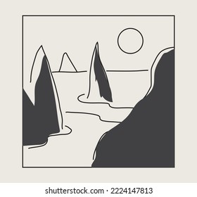 trendy minimalist landscape abstract contemporary collages, mountains lake night wall art poster. sketch landscape minimalist modern. abstract poster vector