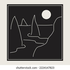 trendy minimalist landscape abstract contemporary collages, mountains lake night wall art poster. sketch landscape minimalist modern. abstract poster vector