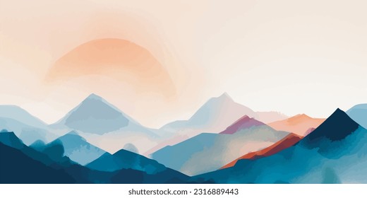 trendy minimalist landscape abstract contemporary art, watercolor mountains wall art poster design and canvas