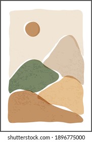 Trendy minimalist landscape abstract organic shapes collage, mountains sun aesthetic wall art poster design