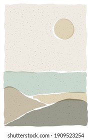 Trendy minimalist landscape abstract organic shapes collage, mountains sun aesthetic wall art poster design