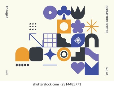 Trendy minimalist, modern, abstract, background or horizontal poster with basic and geometric shapes and patterns influenced by Bauhaus, Neo Geo art, Swiss style and Brutalism.