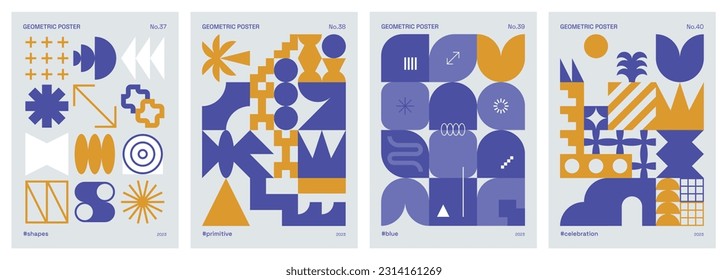 Trendy minimalist, modern, abstract, blue and gold poster set with basic and geometric shapes and patterns influenced by Bauhaus, Neo Geo art, Swiss style and Boho art.