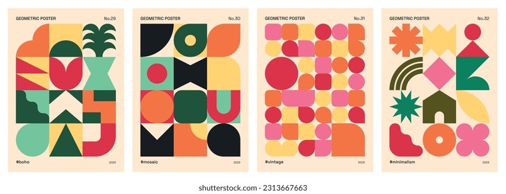 Trendy minimalist, modern, abstract, colorful and vintage poster set with basic and geometric shapes and patterns influenced by Bauhaus, Neo Geo art, Swiss style and Boho art.