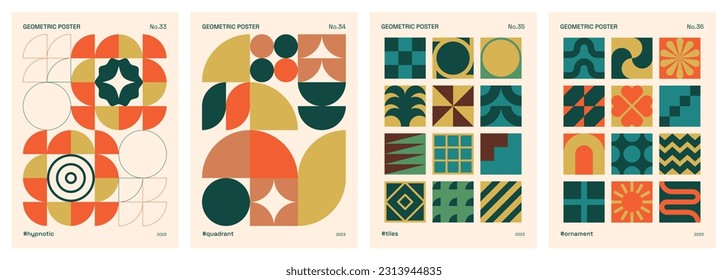 Trendy minimalist, modern, abstract, colorful and vintage poster set with basic and geometric shapes and patterns influenced by Bauhaus, Neo Geo art, Swiss style and Boho art.
