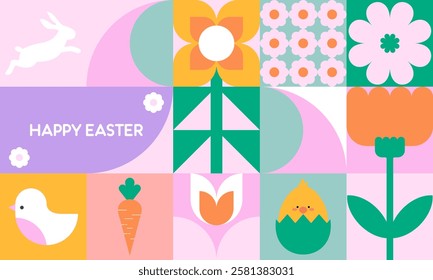 Trendy Minimalist Modern Colorful Easter Geometric Pattern with Easter Icons Flat Illustration. Design for Wrapping Paper, Background, Poster, Card, Packaging, Wallpaper, and Many More.