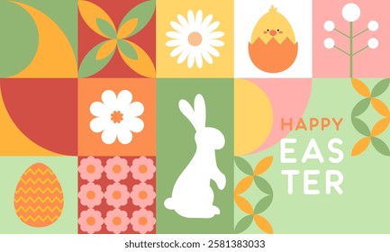 Trendy Minimalist Modern Colorful Easter Geometric Pattern with Easter Icons Flat Illustration. Design for Wrapping Paper, Background, Poster, Card, Packaging, Wallpaper, and Many More.