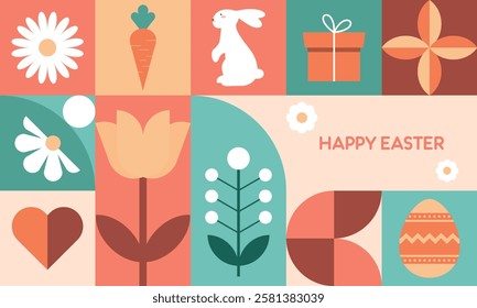Trendy Minimalist Modern Colorful Easter Geometric Pattern with Easter Icons Flat Illustration. Design for Wrapping Paper, Background, Poster, Card, Packaging, Wallpaper, and Many More.