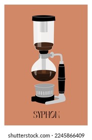 Trendy minimalist poster with glass syphon coffee pot and hot fresh brewed speciality coffee. Japanese craft coffee maker. Alternative brewing methods. Contemporary wall art. Vector flat illustration.