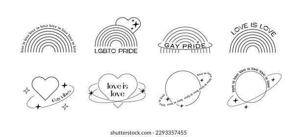 Trendy minimalist queer aesthetic linear shapes. Y2K pride month 90s outline design. Set of retro graphics with typography. LGBTQ logo. Vector illustration.