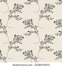 Trendy minimalist seamless botanical pattern with abstract creative hand drawn composition