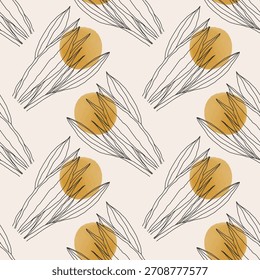 Trendy minimalist seamless botanical pattern with abstract creative line art hand drawn composition